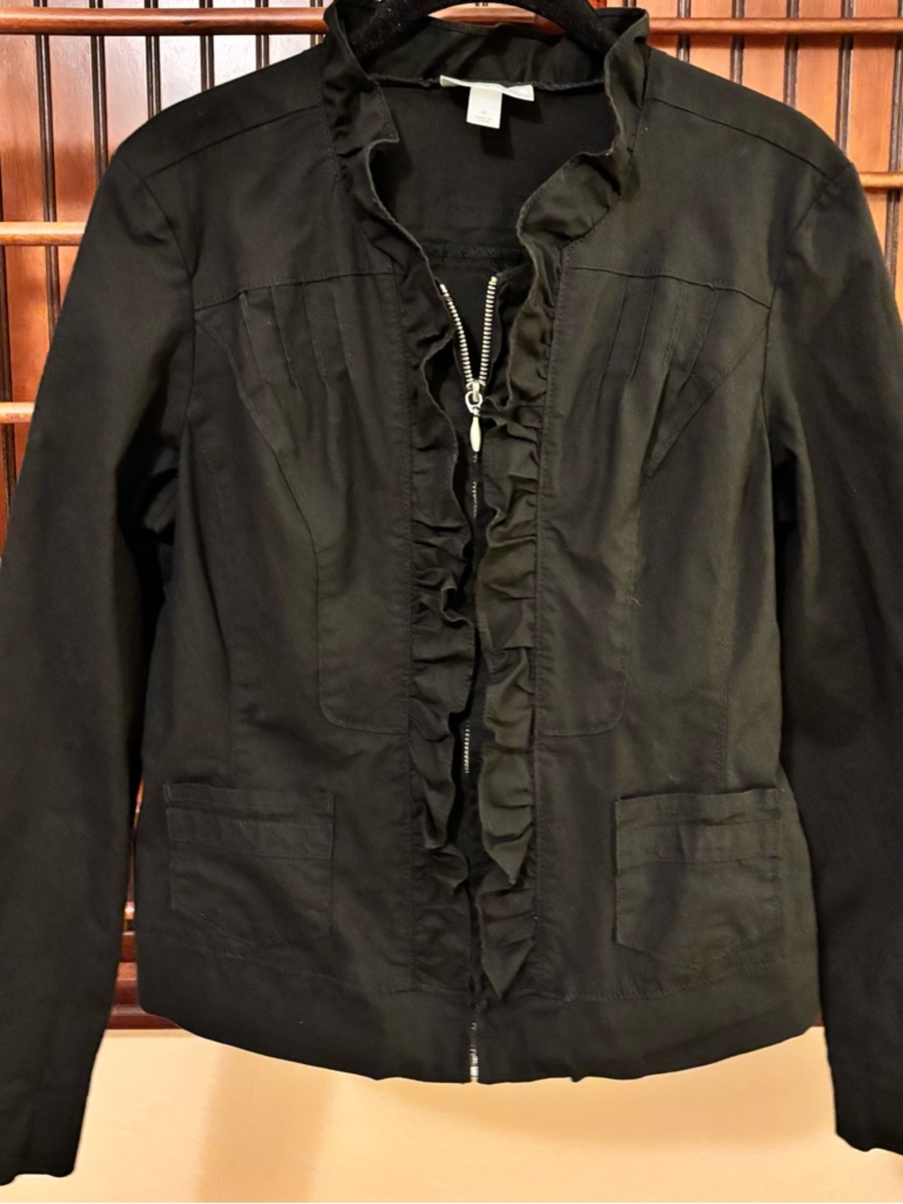 Dressbarn Black Ruffle-Trim Zip Front Blazer Jacket